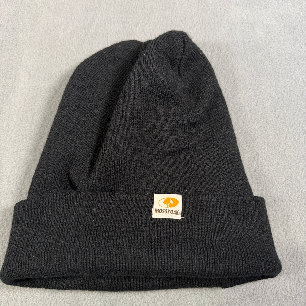 Mossy Oak Beanie Hat Mens Black Knit Cuffed Watch Cap Hunting Outdoor Logo Patch
